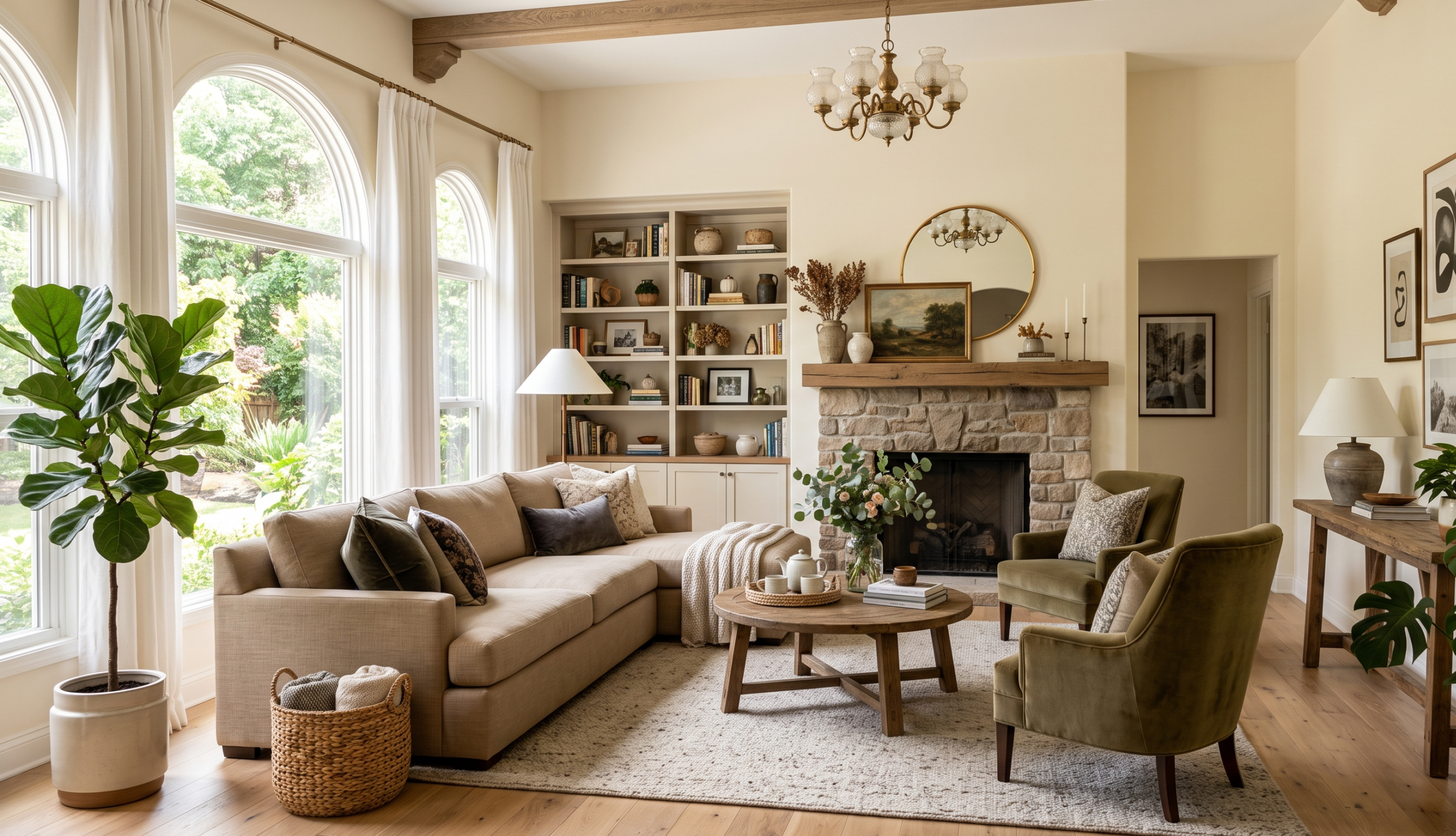 Beautifully decorated modern interior living room showcasing functional furniture layout, natural lighting, elegant color scheme, and green indoor plants.